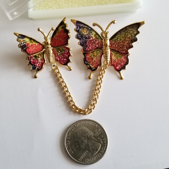 Vintage glitter butterfly brooch set New old stock Gold tone insect bug - Picture 3 of 12